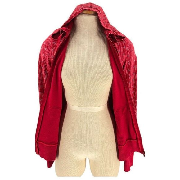 e Womens Sweater Small Red Full Zip Hoodie Hearts Print Drawstring Neck Pockets - Picture 4 of 12